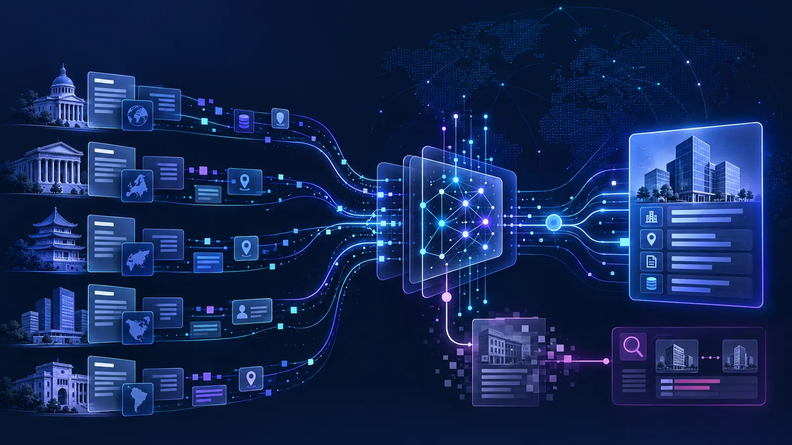 Company records from several jurisdictions flowing through an entity resolution engine into one verified profile