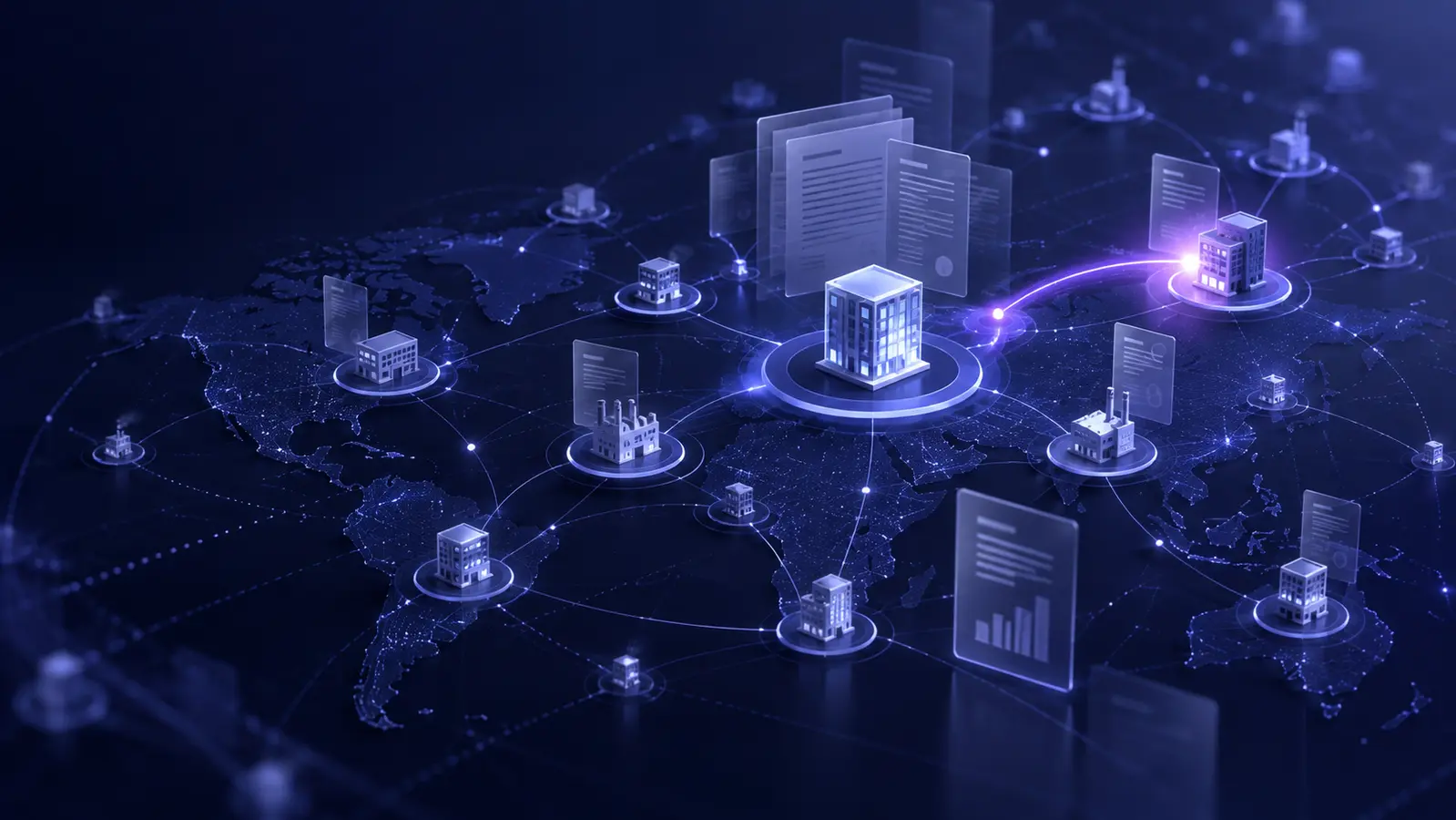 A connected global supplier network with company records and a highlighted change signal